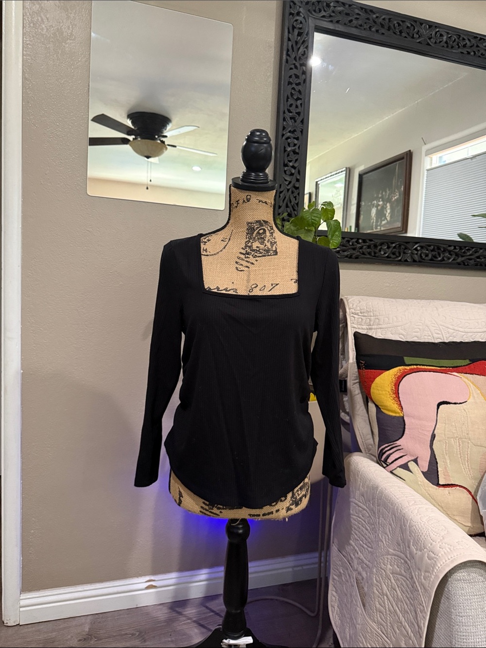 Old Navy Black Ribbed Square-Neck Long-Sleeve Top